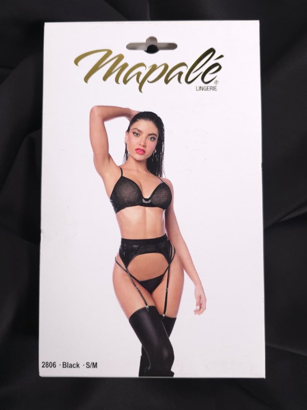 Mapalé 3 Piece Mesh Lingerie Set Bra Panty Garter Belt Black S/M 2806